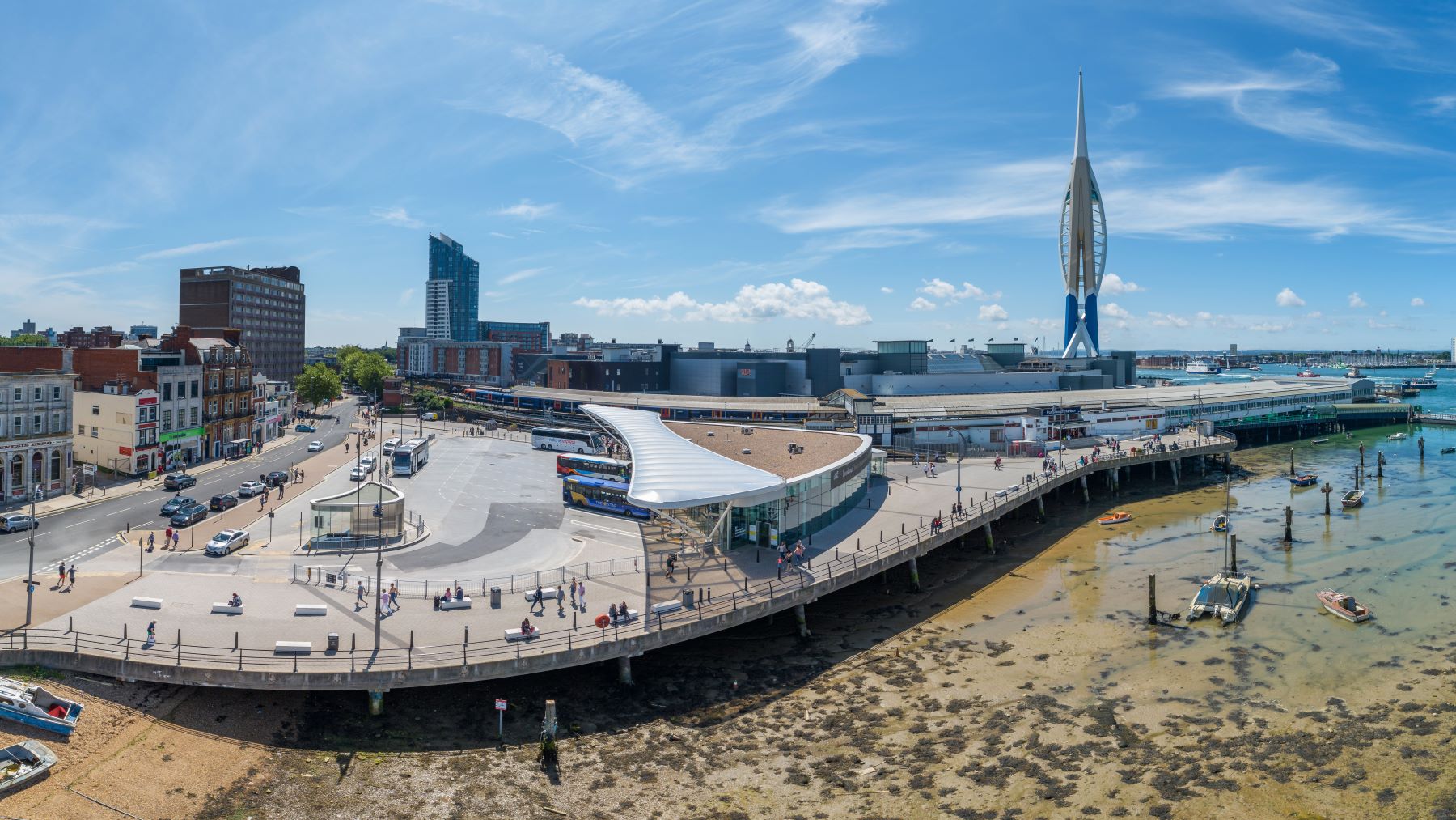 Aerial view of Portsmouth Hard transport interchange, including Portsmouth Harbour train station