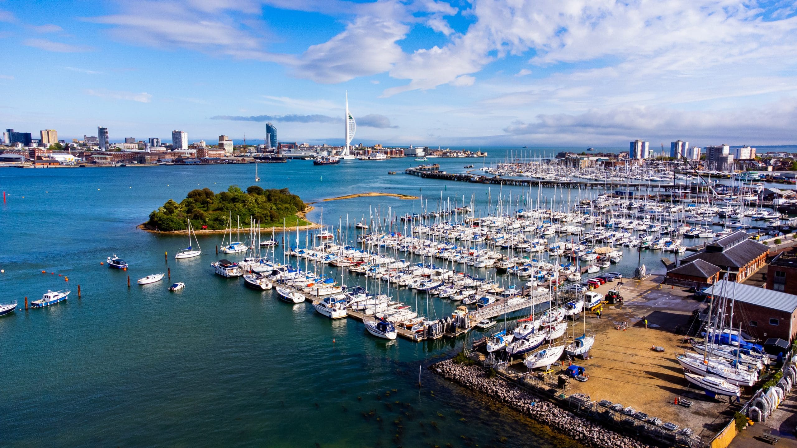 Aerial view of the Marina of Gosport behind Burrow Island in Portsmouth Harbor in the south of England on the Channel coast Aerial view of the Marina of Gosport behind Burrow Island in Portsmouth Harbor in the south of England on the Channel coast